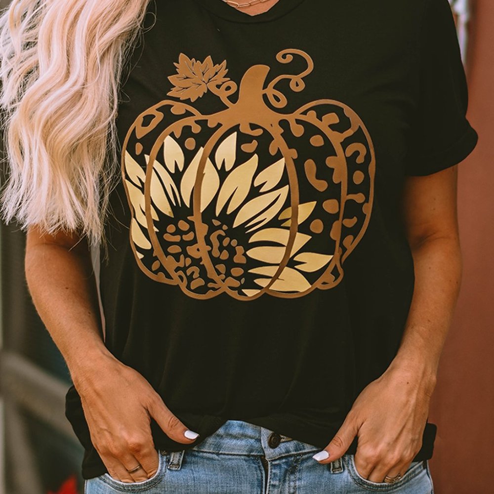 Black Halloween Sunflower Pumpkin Graphic Tee - Picture 11 of 15